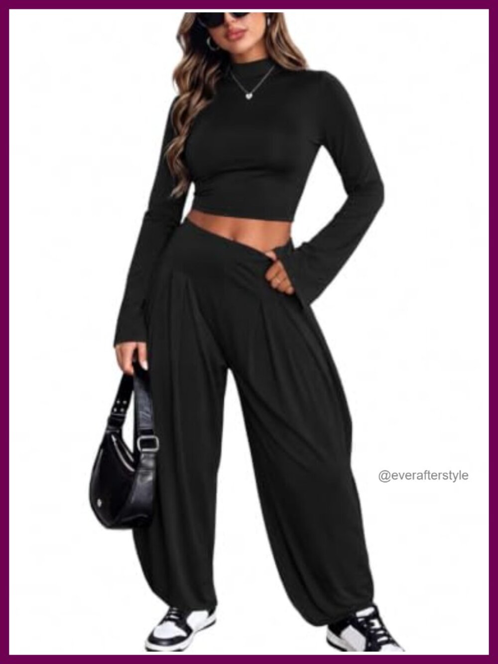 EDITCOZY Women 2 Piece Set Mock Neck Bell Sleeve Crop Top Baggy Barrel Pants